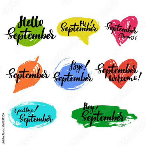 September autumn calligraphic set with spot on the background. Brush calligraphy, hand lettering. For calendar, schedule, diary, journal, postcard, label, sticker and decor.