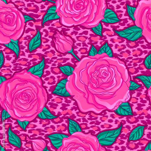 Seamless elegant vintage floral pattern over leopard skin background. Rose flowers, fusion. Titled vector illustration. Fabrics, textile, wrapping paper, wallpaper.