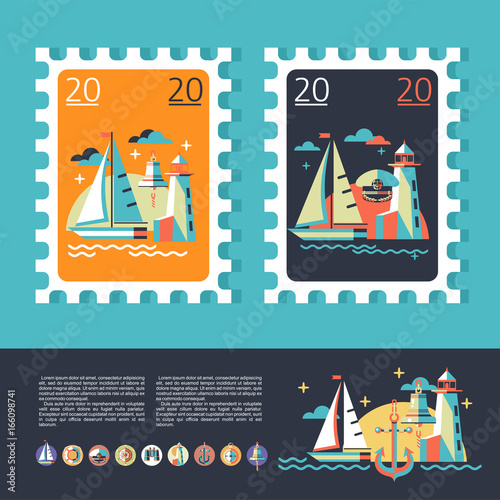 Design a postage stamp. Sea voyage on a yacht. The icons set.