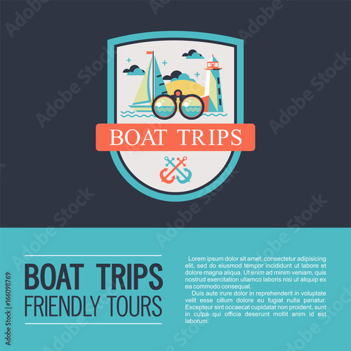 Logo vector, coat of arms. Walking on the sea on a yacht. Boat trips. Boat, lighthouse, anchor and binoculars.