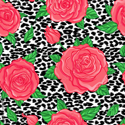 Seamless elegant vintage floral pattern over leopard skin background. Rose flowers, fusion. Titled vector illustration. Fabrics, textile, wrapping paper, wallpaper.