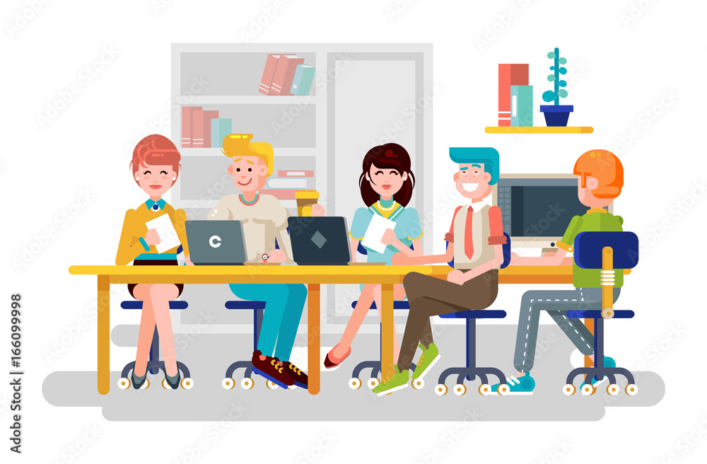 Vector illustration business people men women employees colleagues sit negotiating conference planning table teamwork brainstorm presentation leader boss meeting assembly collection flat style