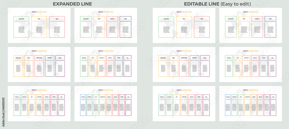 Business presentations. Set of vector infographic templates with 3, 4, 5, 6, 7, 8 steps, options. Outline columns. Easy to edit. Business presentations. Set of vector infographic templates with 3, 4, 5, 6, 7, 8 steps, options. Outline columns. Easy to edit.