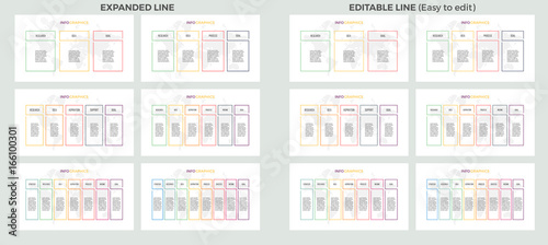 Business presentations. Set of vector infographic templates with 3  4  5  6  7  8 steps  options. Outline columns. Easy to edit.