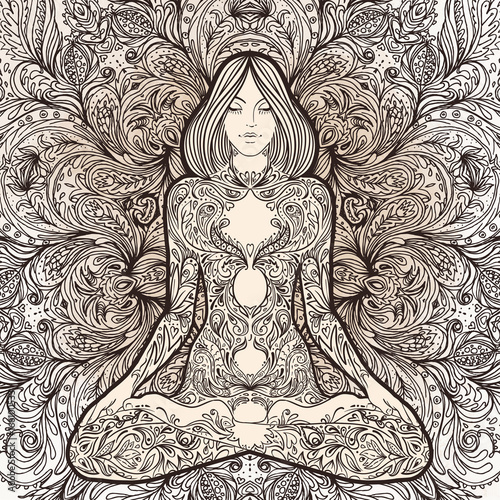 Pretty girl in yoga pose over ornate round mandala pattern. Yoga concept. Decorative design for cover, t-shirt , yoga poster, flyer.