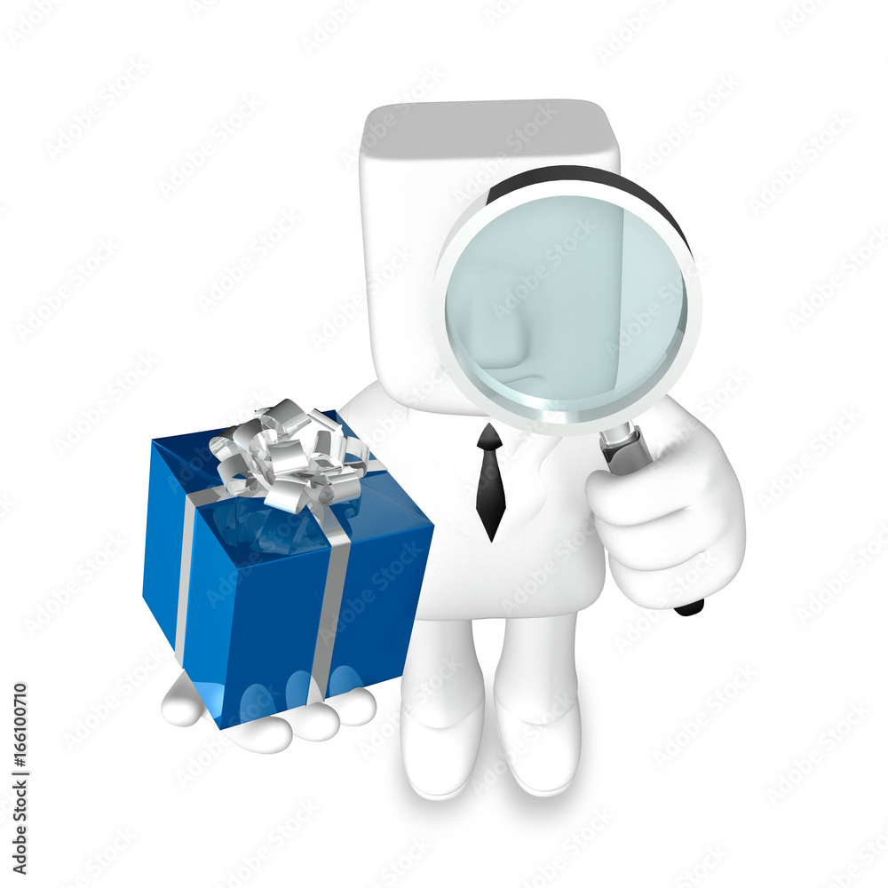 one 3d business man giving a present with magnifier one 3d business man giving a present with magnifier