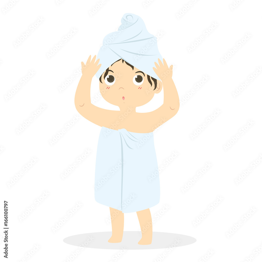 little girl covered in towel wrapping her head with towel, cartoon vector  illustration Stock Vector | Adobe Stock