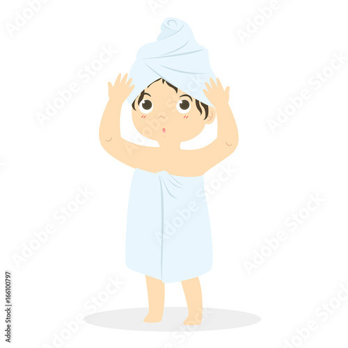 little girl covered in towel wrapping her head with towel, cartoon vector illustration