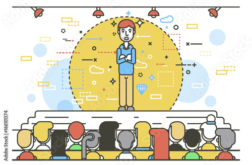 Vector illustration orator spokesman spokesperson speaker crossed arms businessman rhetor politician speech speaking stage audience business presentation spitch line art linear style