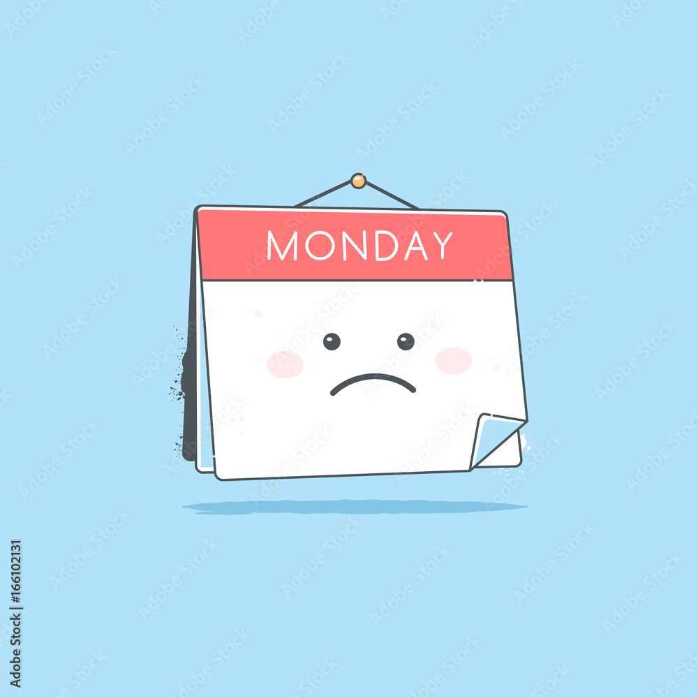 Fototapeta premium Calendar cartoon mascot character with sad face on Monday page vector illustration