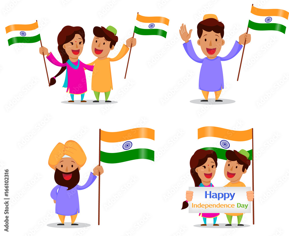 Independence Day in India. Greeting card with funny cartoon characters.  Indian people with national flag Stock Vector | Adobe Stock