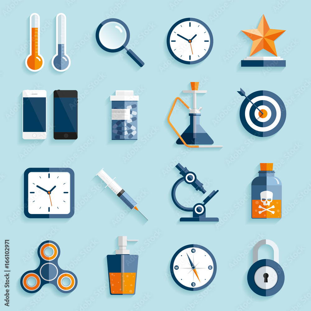 Icon set in flat style. Sixteen different images icon on color background. Vector design elements for you business projects Icon set in flat style. Sixteen different images icon on color background. Vector design elements for you business projects
