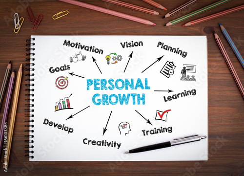Personal Growth concept. Notebooks, pen and colored pencils on a wooden table. photo