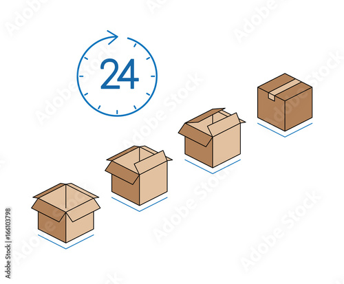 Cardboard boxes with clock isolated on white background