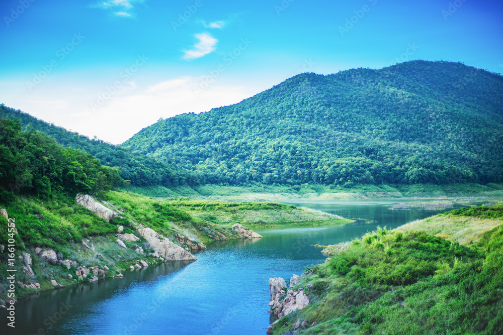 Calm River, Mountains, and clouds.