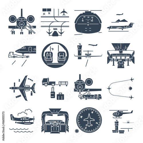 set of black icons airport and airplane, business jet