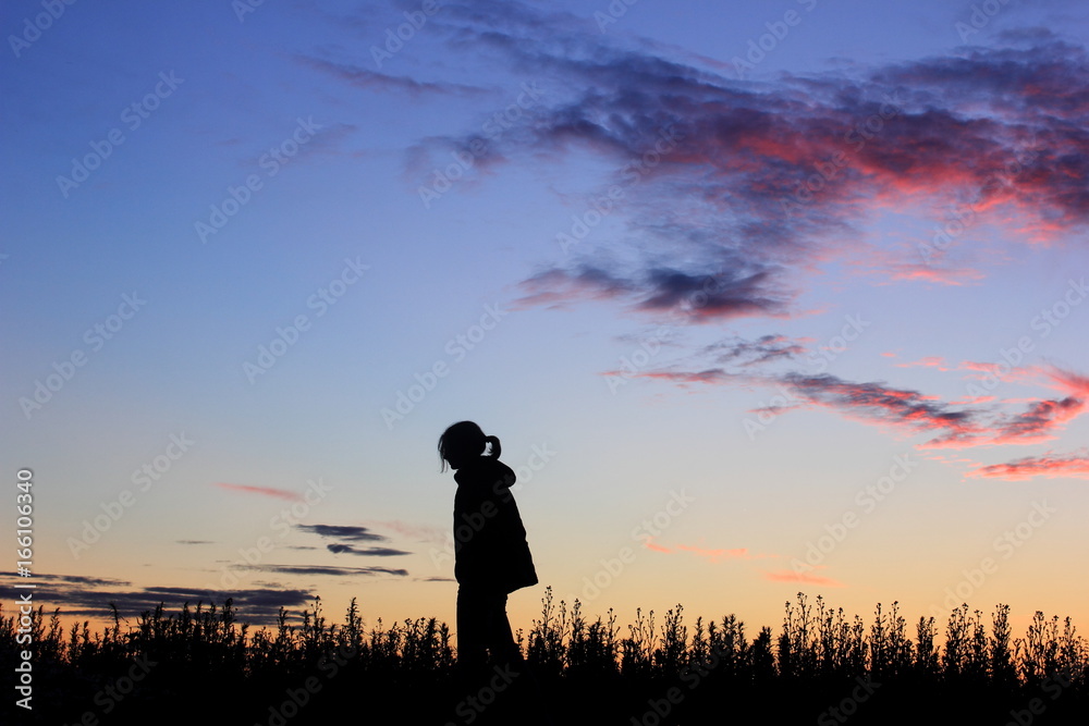 Sad girl on sunset background, silhouette. Stock Photo | Adobe Stock