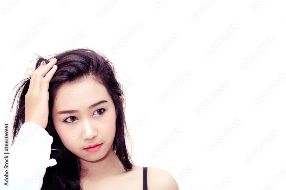 Beauty portrait of women with straight hair and natural skin. Selective focus. White background with copy space. Spa girl. Beauty portrait of women with straight hair and natural skin. Selective focus. White background with copy space. Spa girl.