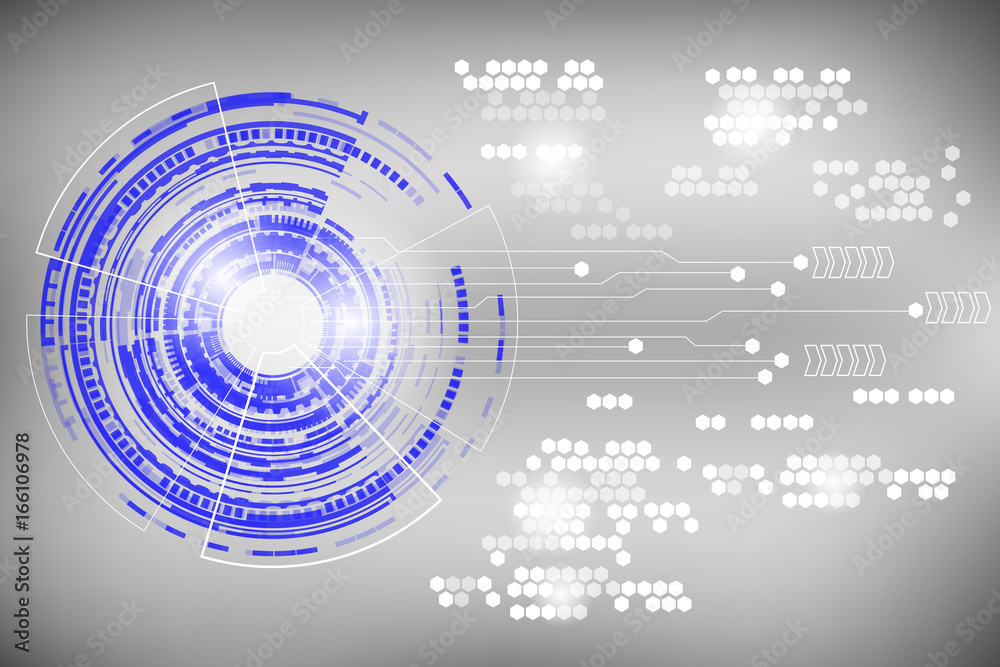 Obraz premium Abstract Blue Circle Shape Hi Technology Modern Communication Concept With Hexagon Pattern On Grayscale Background