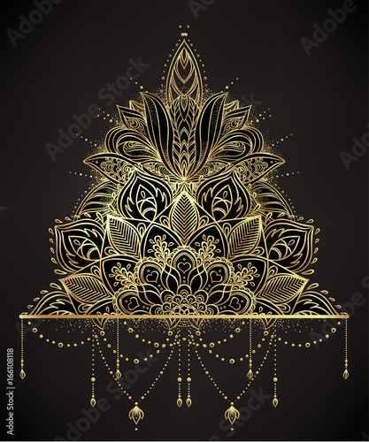 Vector ornamental Lotus flower, ethnic art, patterned Indian paisley. Hand drawn illustration isolated. Invitation. Golden stickers, flash temporary tattoo, mehndi and yoga design