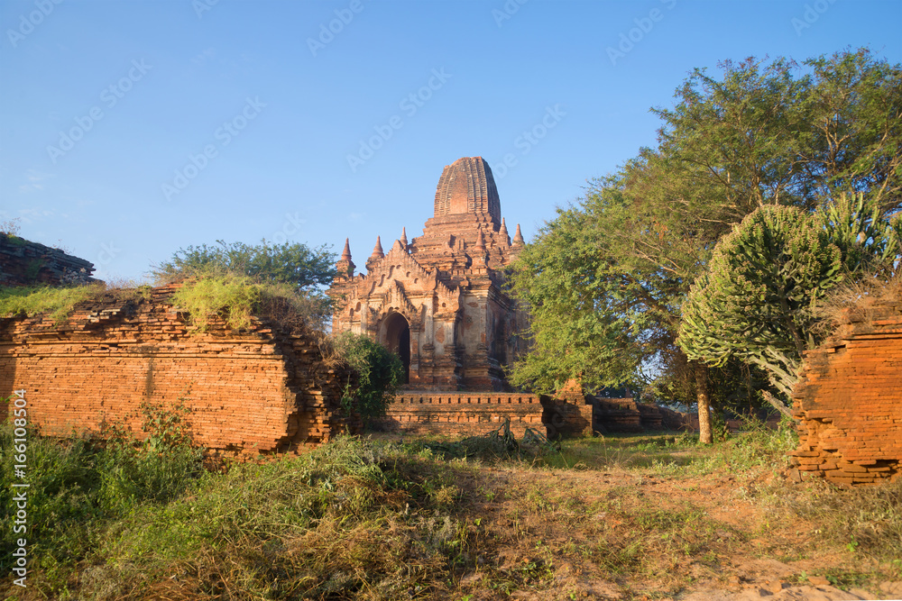 Sunny morning at the ruins of an ancient Buddhist temple. Bagan, Burma