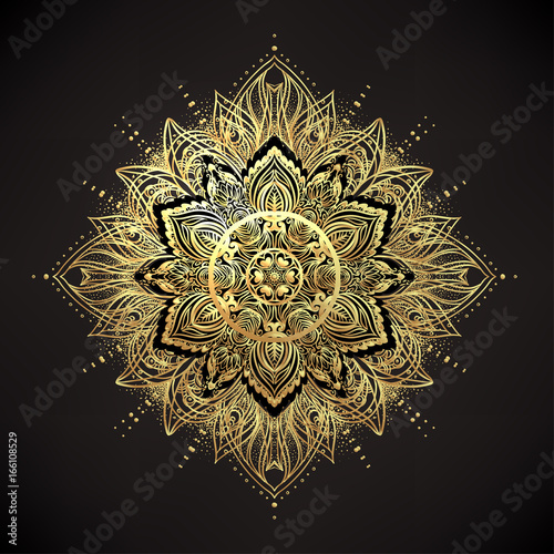 Vector ornamental Lotus flower, ethnic art, patterned Indian paisley. Hand drawn illustration isolated. Invitation. Golden stickers, flash temporary tattoo, mehndi and yoga design