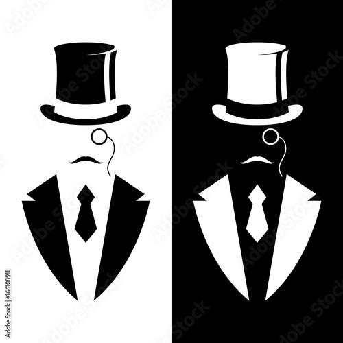 Gentleman in tuxedo and vintage hat. Black and white design. Vector illustration.