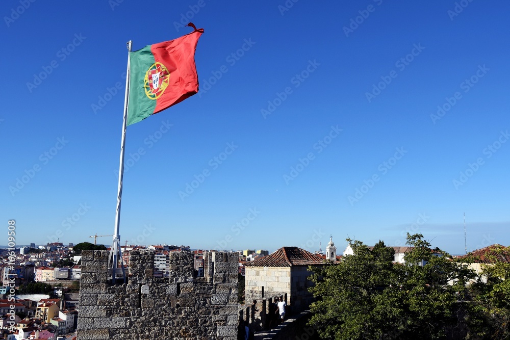 Flag of Portugal at the Castelo de Sao Jorge in Lisbon, Portugal