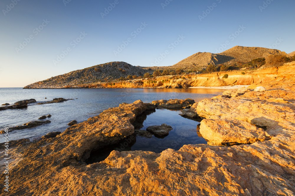 Coast of Halki island in Dodecanese archipelago, Greece.
