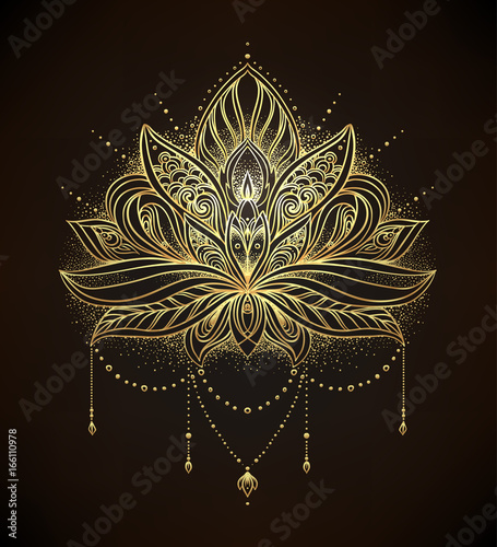 Vector ornamental Lotus flower, ethnic art, patterned Indian paisley. Hand drawn illustration isolated. Invitation. Golden stickers, flash temporary tattoo, mehndi and yoga design