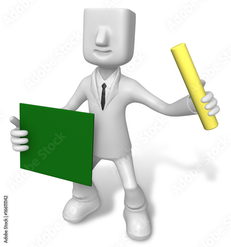 Business man holding a blackboard and chalk. 3D Business Character photo