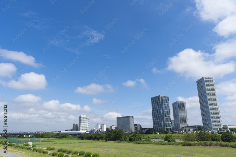 東京風景　等々力から望む多摩川　尾山台　田園調布方面　7月　青空と緑