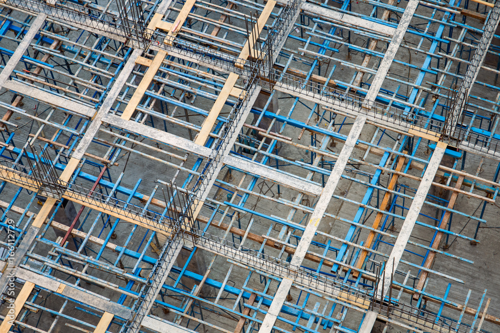 Metal scaffold set up for heavy building construction from above angle.