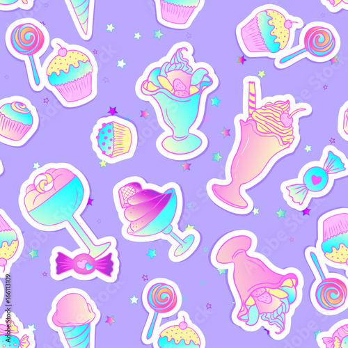 Bright colorful bakery and dessert pastry cute icons. Seamless pattern with candies and sweets. Vivid colors cute vector illustration. Stickers, pins, patches.