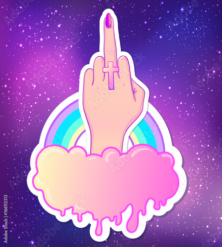 Female hand showing middle finger, cloud, rainbow. Realistic style vector illustration in pink pastel goth colors isolated on white. Sticker, patch, poster graphic design.
