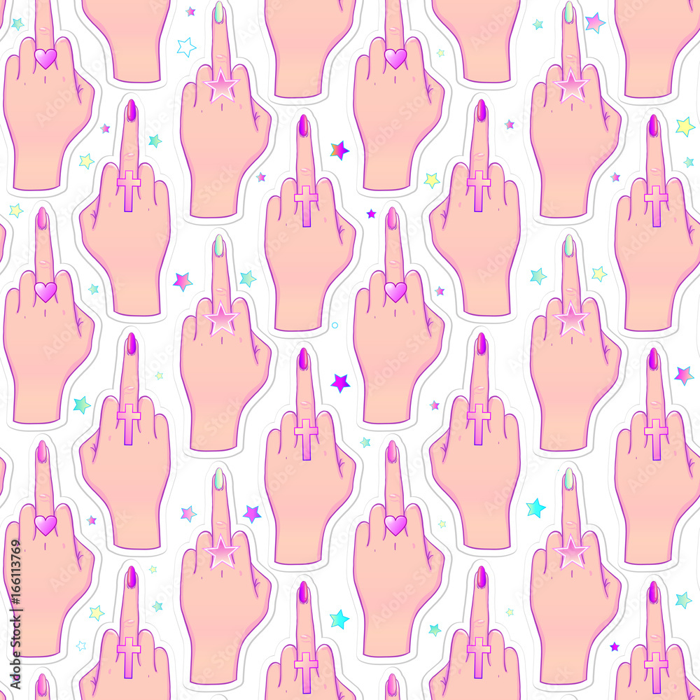 Female hand showing middle finger. Feminism concept. Realistic style vector illustration in pink pastel goth colors isolated on white. Sticker, patch, poster graphic design.