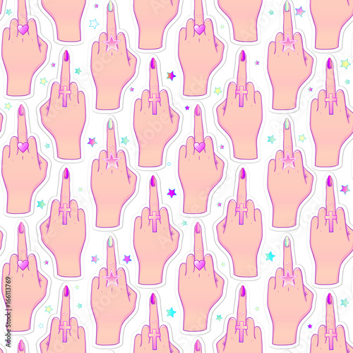 Female hand showing middle finger. Feminism concept. Realistic style vector illustration in pink pastel goth colors isolated on white. Sticker, patch, poster graphic design.