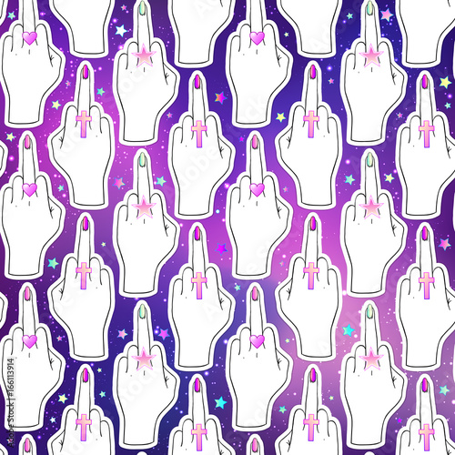 Female hand showing middle finger. Feminism concept. Realistic style vector illustration in pink pastel goth colors isolated on white. Sticker, patch, poster graphic design.