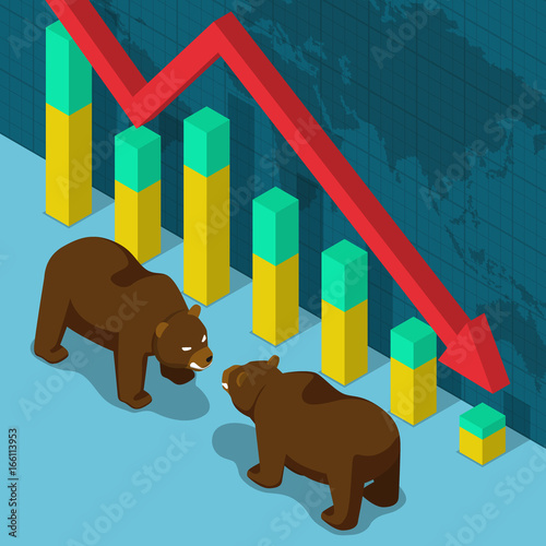 Isometric bears fighting with world and falling graph.