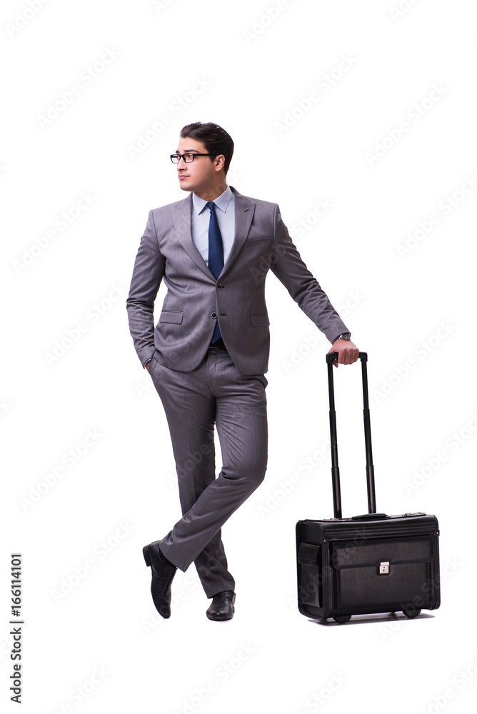 Young man during business travel isolated on white