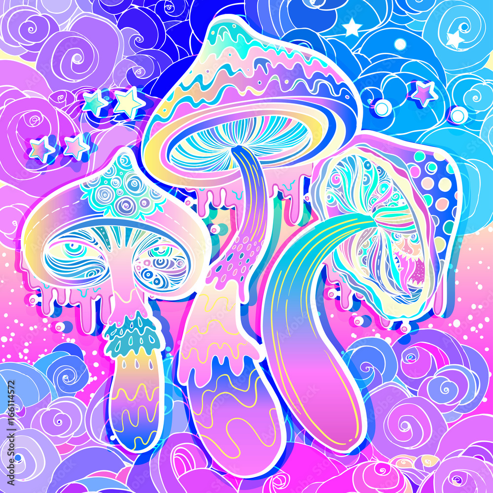 Obraz premium Magic mushrooms. Psychedelic hallucination. Vibrant vector illustration.