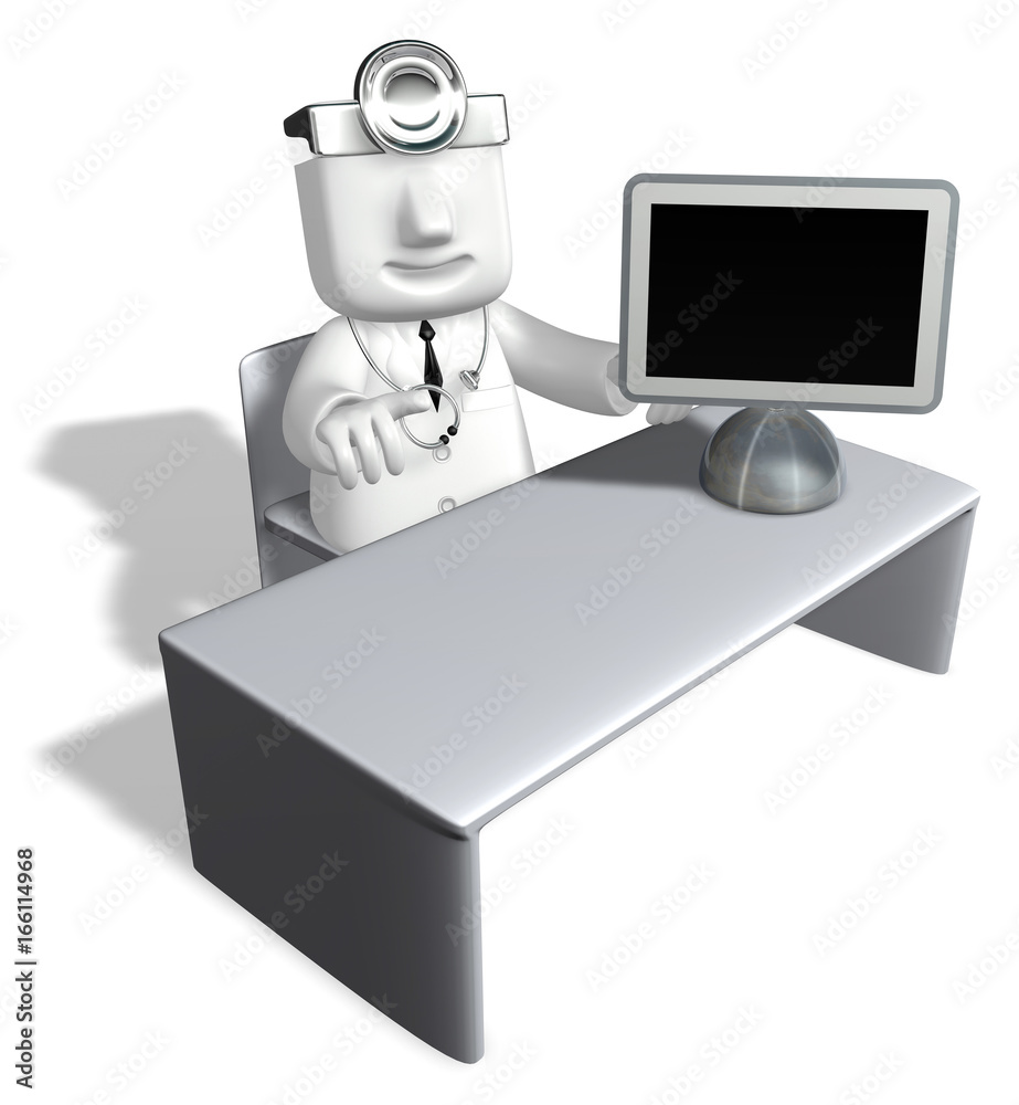3d medical doctor studying by computer on the table 3d medical doctor studying by computer on the table