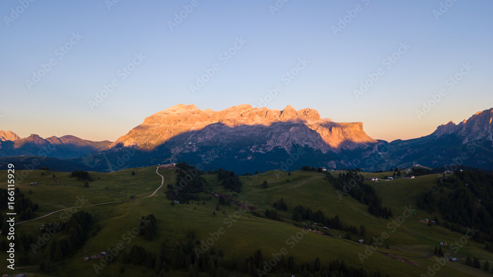 Great landscape on the Dolomites. View on Sella group and Bo peaks during the summer sunrise. Alta Badia, Sud Tirol, Italy