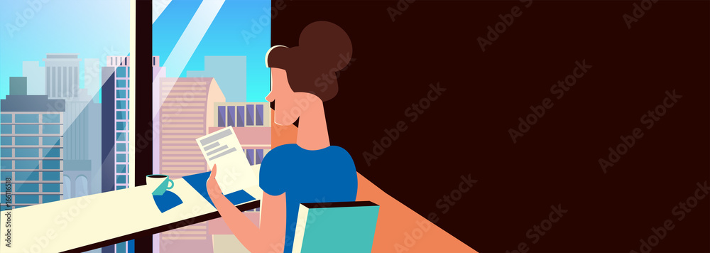 Obraz premium Background for the banner of a cafe, a coffee house and a restaurant. A girl is sitting in an institution with a view of the city