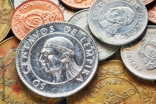 Close up picture of Honduran lempira coins, shallow depth of field. photo