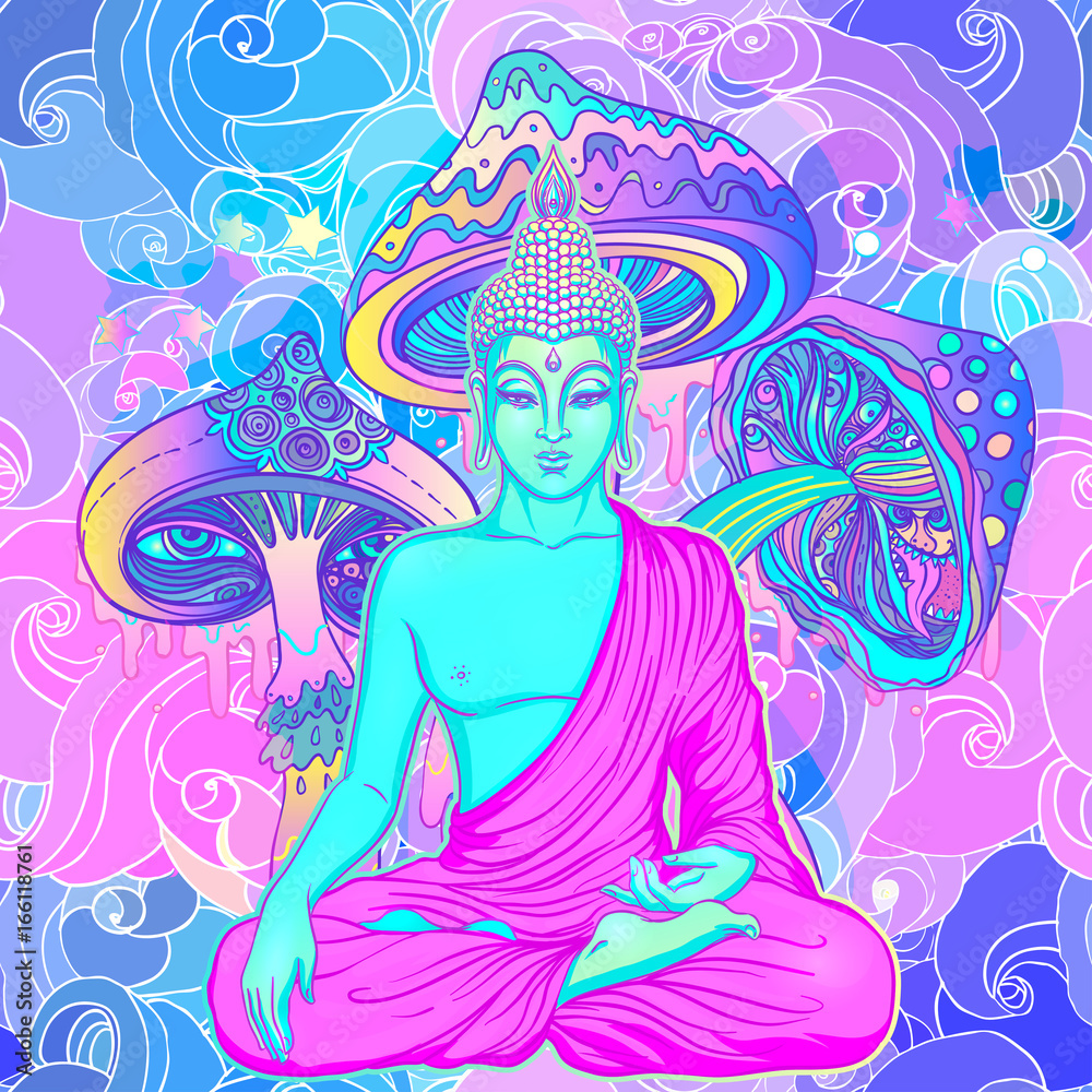 Sitting Buddha over sacred geometry background. Vector illustration. Psychedelic neon composition. Indian, Buddhism, Spiritual Tattoo, yoga, spirituality. Sitting Buddha over sacred geometry background. Vector illustration. Psychedelic neon composition. Indian, Buddhism, Spiritual Tattoo, yoga, spirituality.