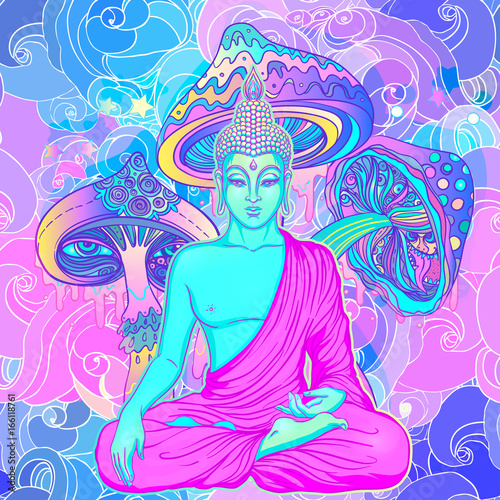 Sitting Buddha over sacred geometry background. Vector illustration. Psychedelic neon composition. Indian, Buddhism, Spiritual Tattoo, yoga, spirituality.