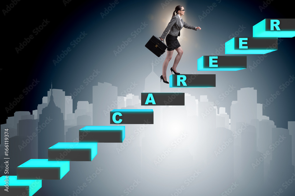 Businesswoman climbing career ladder in business concept Businesswoman climbing career ladder in business concept