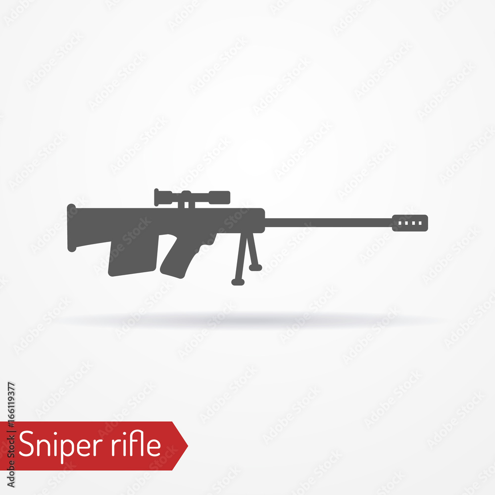 Abstract isolated sniper rifle icon in silhouette style with shadow. Typical army sharpshooter or hunter weapon. Military vector stock image.