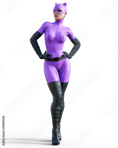 3D woman. Catwoman hero comics. Cosplay. Leather suit, long black boots and gloves. Girl in bat mask. Masquerade. Conceptual fashion art. Seductive candid pose. Photorealistic render illustration. photo
